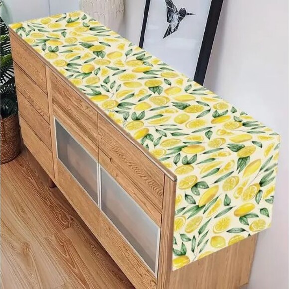 Table Runner 13x72in Woven Polyester Lemons Leaves Off-White - Picture 2 of 2